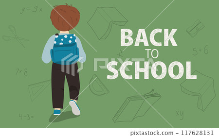 Back to school banner. Schoolboy with stationery and books. Back to school banner. Schoolboy with stationery and books. 117628131