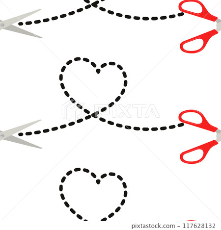 Seamless pattern with scissors cutting heart shape.  117628132