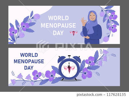 World Menopause Day banners with muslim woman. World Menopause Day banners with muslim woman. 117628135