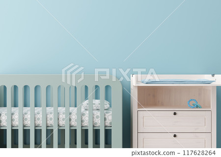 Serene and spacious nursery featuring a soft blue wall, complete with a mint green crib and a matching dresser with a changing pad. Copy space on the wall. Baby room interior. 3D render. 117628264