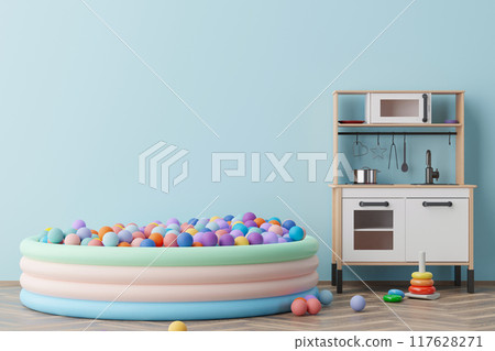 Vibrant children's playroom featuring a colorful ball pit, a wooden kitchen playset, and assorted toys on a sleek wooden floor, set against a soft blue wall with ample space. 3D render. Vibrant children's playroom featuring a colorful ball pit, a wooden kitchen playset, and assorted toys on a sleek wooden floor, set against a soft blue wall with ample space. 3D render. 117628271