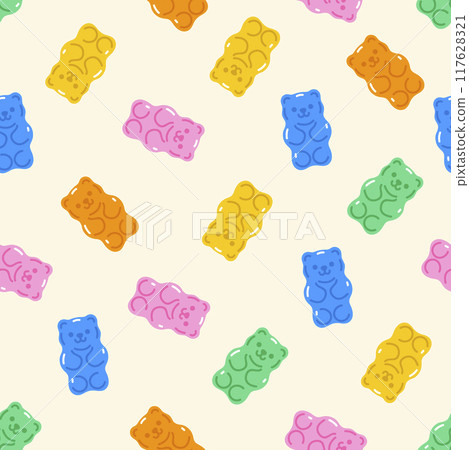 Seamless pattern of colorful gummy bears. Vector graphics. Seamless pattern of colorful gummy bears. Vector graphics. 117628321