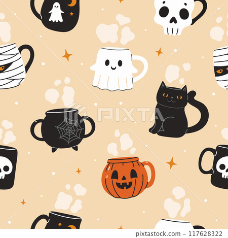 Seamless pattern with cute halloween mugs. Vector graphics 117628322
