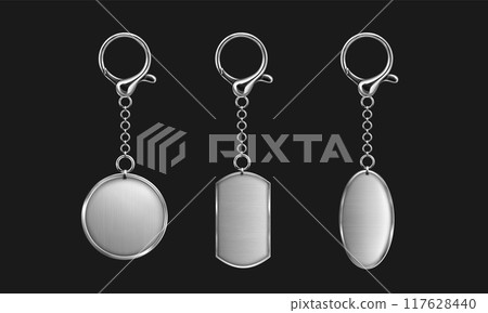 Silver keychain with ring mockup for branding. 117628440