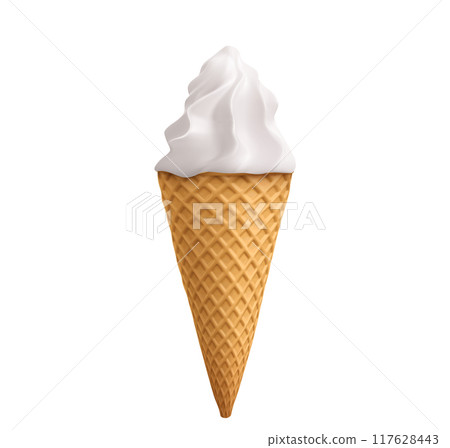 White vanilla soft ice cream swirl in waffle cone. 117628443