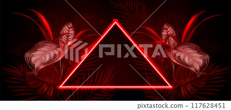Neon triangle and red tropical plants on black Neon triangle and red tropical plants on black 117628451