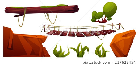 Wooden log and rope bridge for cliff cross walkway 117628454