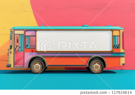 A colorful bus with a white sign on the side with Generative AI 117628614