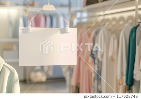 A white sign hangs from a rack of clothes with Generative AI 117628749