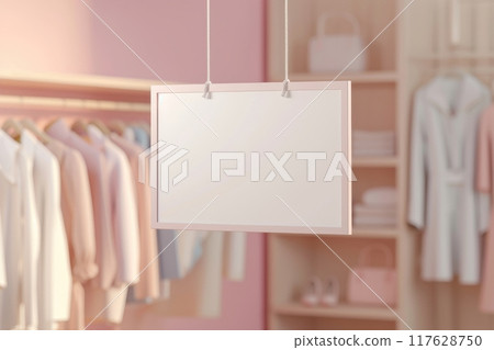 A white sign hangs from a rack of clothes with Generative AI 117628750