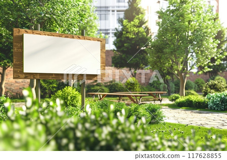 A white sign is in the middle of a lush green jungle with Generative AI 117628855
