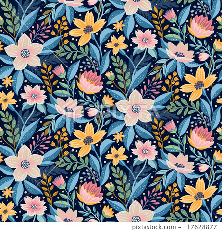 A Half Drop Floral Seamless Pattern with Yellow, White, Pink Flowers and Blue and Green Leaves on Dark Blue. Wallpaper Design for Textiles, Fabrics, Papers, Fashion Prints, Beauty Products, Wrappings. A Half Drop Floral Seamless Pattern with Yellow, White, Pink Flowers and Blue and Green Leaves on Dark Blue. Wallpaper Design for Textiles, Fabrics, Papers, Fashion Prints, Beauty Products, Wrappings. 117628877