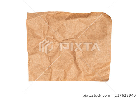 Craft wrapping paper. texture of flat crumpled sheet of cellulose product isolated on white backgound. Old tattered page surface background. Eco-friendly empty aged recyclable packaging 117628949
