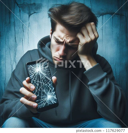 一名沮喪的男子在智慧型手機螢幕破裂後低著頭 117629077