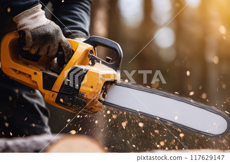 Person using a chainsaw to cut wood in a forest during the day Person using a chainsaw to cut wood in a forest during the day 117629147