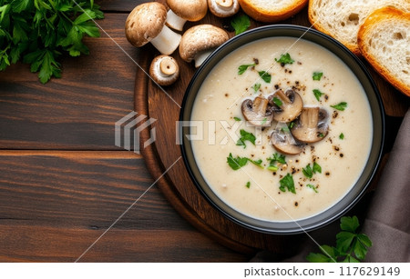 Creamy mushroom soup garnished with herbs and accompanied by toasted bread Creamy mushroom soup garnished with herbs and accompanied by toasted bread 117629149