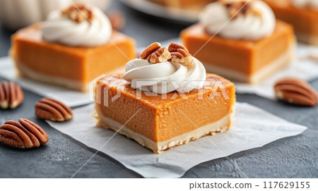 Delicious pumpkin pie bars with whipped cream and pecans on a rustic table 117629155