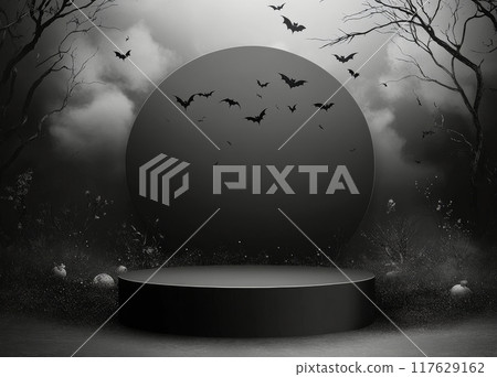 Halloween-themed display with pumpkins, leaves, and bats on textured background 117629162