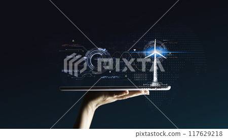 eco friendly energy. Innovation technology eco green concept. Icon wind energy sources for renewable on blur background.Concept with innovation inspiration. Idea innovative from the big data. 117629218