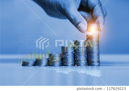 coin is placed as a graph showing the success of the income fund. Business success concept, wealth, investment, stock in the digital age. Digital transformation for next-generation technology.. coin is placed as a graph showing the success of the income fund. Business success concept, wealth, investment, stock in the digital age. Digital transformation for next-generation technology.. 117629223