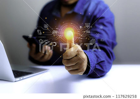 Business working using laptop on Futuristic virtual screen interface Technology. networks internet connection Wireless devices around the world Information technology is essential for businesses. Business working using laptop on Futuristic virtual screen interface Technology. networks internet connection Wireless devices around the world Information technology is essential for businesses. 117629258