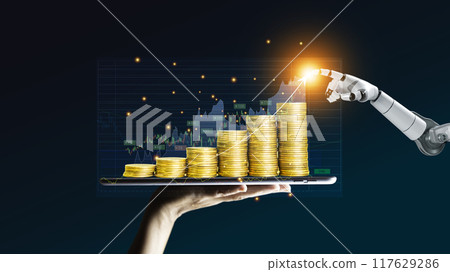 Robot trading concept. Robot hand represents use of artificial intelligence in trading stocks. Gold coins are displayed as graphs on smartphone. Digital transformation technology Ai make decisions. Robot trading concept. Robot hand represents use of artificial intelligence in trading stocks. Gold coins are displayed as graphs on smartphone. Digital transformation technology Ai make decisions. 117629286