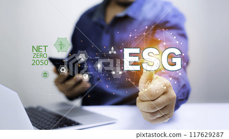 business people pointing to ESG ,eco green energy system icon. Net zero 2050, ESG concept for environmental, sustainable and ethical, environmentally friendly, eco earth day ,friendly energy,. business people pointing to ESG ,eco green energy system icon. Net zero 2050, ESG concept for environmental, sustainable and ethical, environmentally friendly, eco earth day ,friendly energy,. 117629287