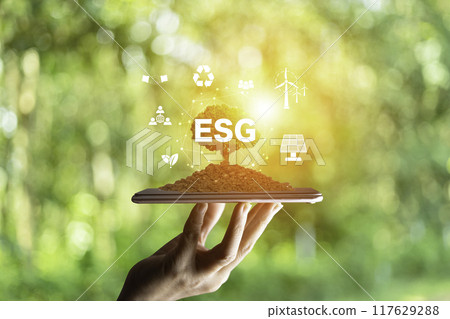 Net zero in 2050 year ESG, eco concept  for environmental, social, sustainable and ethical, Human hand holding Green tree eco green energy system icon around on green background. 117629288