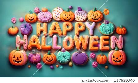 萬聖節快樂，綠色底座糖霜餅乾 117629340