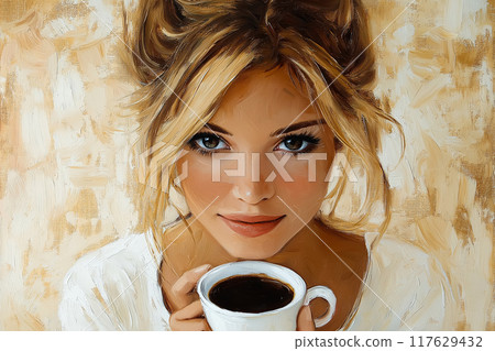 Relaxed lady smelling coffee or tea in the morning 117629432