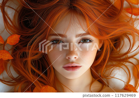 Portrait of beautiful cheerful redhead girl smiling and looking at camera. 117629469