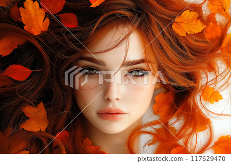 Portrait of beautiful cheerful redhead girl smiling and looking at camera. Portrait of beautiful cheerful redhead girl smiling and looking at camera. 117629470