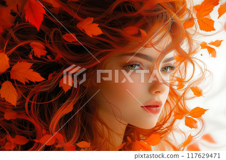 Portrait of beautiful cheerful redhead girl smiling and looking at camera. Portrait of beautiful cheerful redhead girl smiling and looking at camera. 117629471