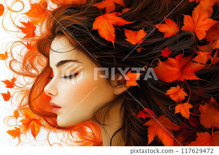 Portrait of beautiful cheerful redhead girl smiling and looking at camera. 117629472