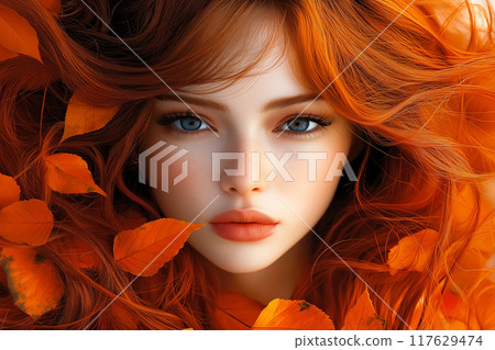 Portrait of beautiful cheerful redhead girl smiling and looking at camera. 117629474