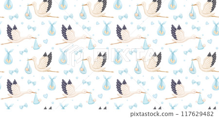 Watercolor seamless pattern with cute stork with new baby boy. Flying bird. Hand drawn isolated illustrations 117629482