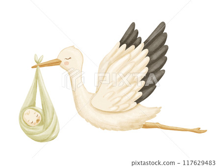 Watercolor stork with new baby. Flying bird as symbol of pregnancy. Cute hand drawn isolated illustration 117629483