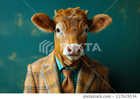 Anthropomorphic cow dressed in a plaid suit and tie. Anthropomorphic cow dressed in a plaid suit and tie. 117629534