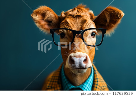 Bull in a plaid suit and wearing glasses. 117629539