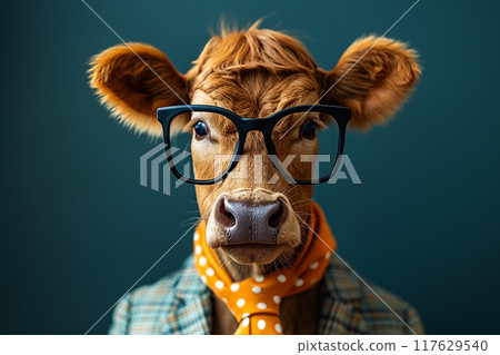 Bull in a plaid suit and wearing glasses. Bull in a plaid suit and wearing glasses. 117629540