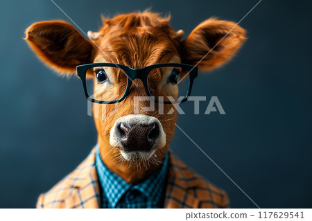 Bull in a plaid suit and wearing glasses. Bull in a plaid suit and wearing glasses. 117629541