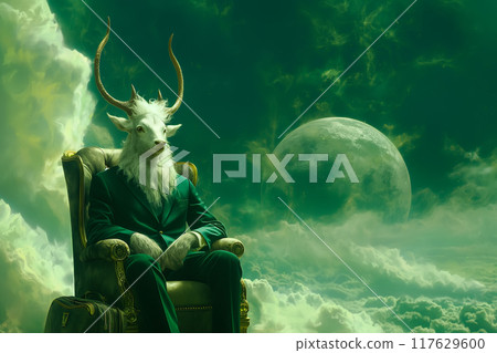 Anthropomorphic goat seated on an chair against a backdrop of mystical clouds and a celestial moon Anthropomorphic goat seated on an chair against a backdrop of mystical clouds and a celestial moon 117629600