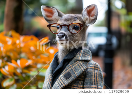 Young deer dressed in a plaid coat and glasses, standing against a vibrant autumn background 117629609