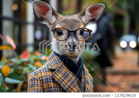Young deer dressed in a plaid coat and glasses, standing against a vibrant autumn background 117629610