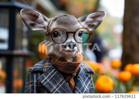 Young deer dressed in a plaid coat and glasses, standing against a vibrant autumn background 117629611