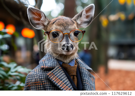 Young deer dressed in a plaid coat and glasses, standing against a vibrant autumn background 117629612