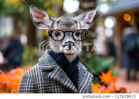 Young deer dressed in a plaid coat and glasses, standing against a vibrant autumn background 117629613