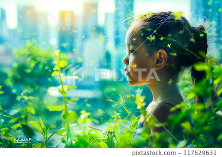 Beauty, nature and ecology concept - portrait of child profile with green tree foliage 117629631