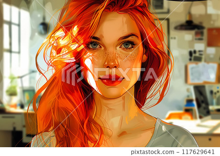 Freckles Woman portrait. Close-up. Beautiful blue eyed girl with freckles is looking at camera 117629641