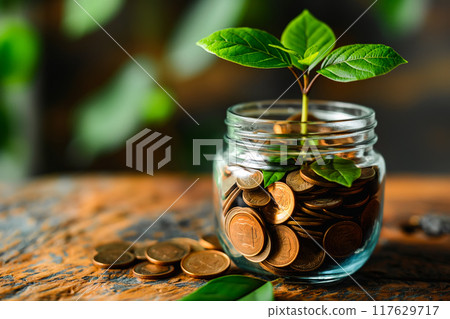 Green plant is growing out of the glass jar filled with coins. 117629717
